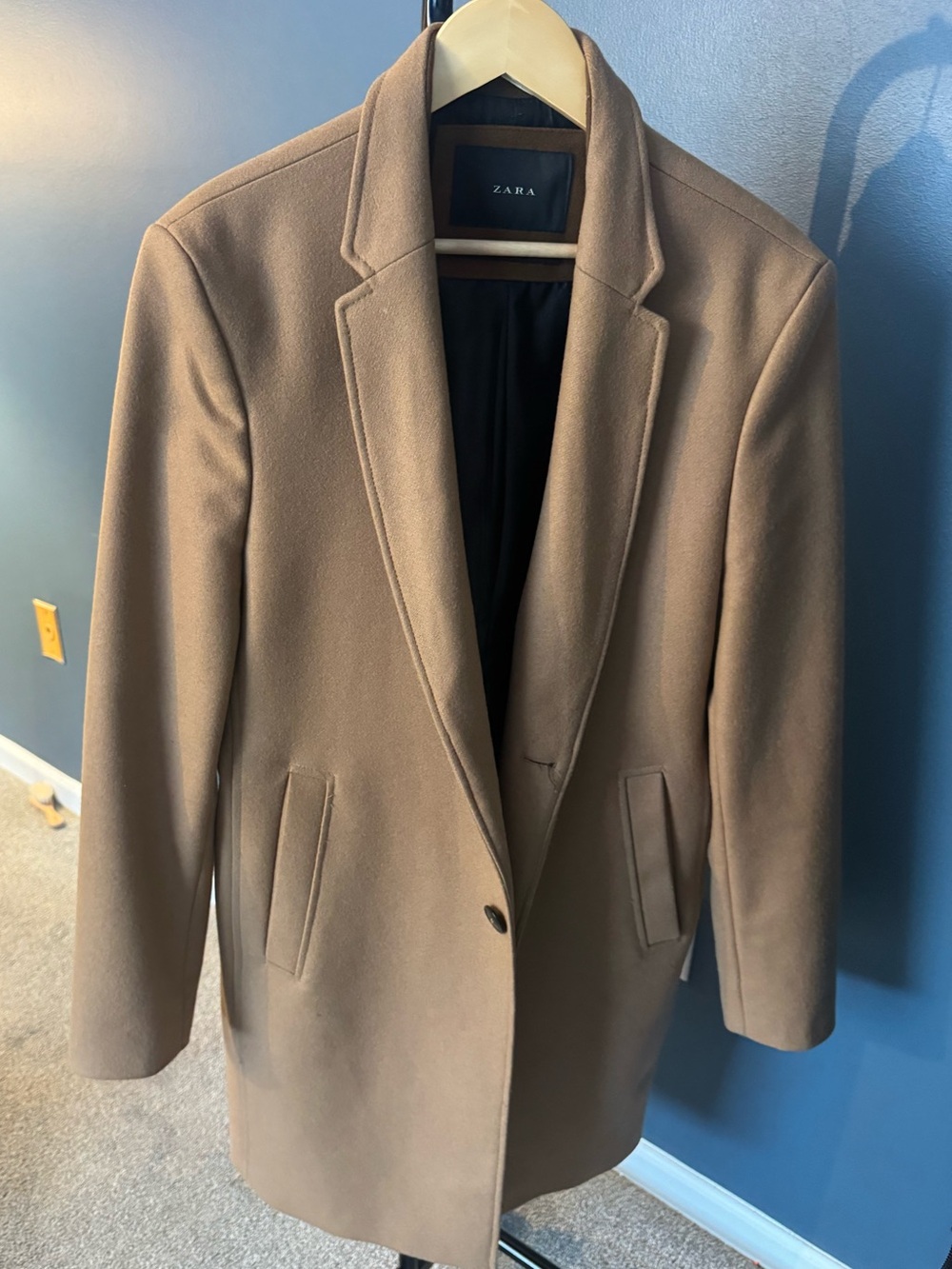 Zara Men's Camel Single-Button Wool-Blend Blazer Over Coat